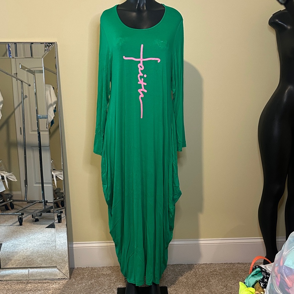 Green Long Sleeve Dress with Pink Script